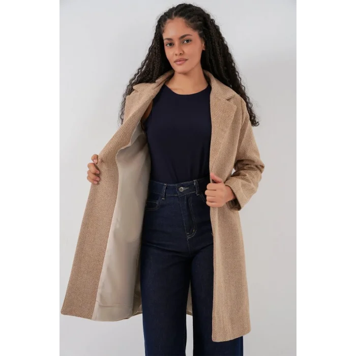 9085 Balık Sırtı Kaşe Kaban - Camel