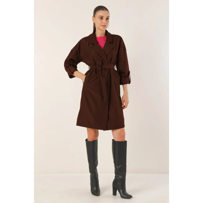 9104 Kruvaze Yaka Astarlı Trençkot - A.Kahve