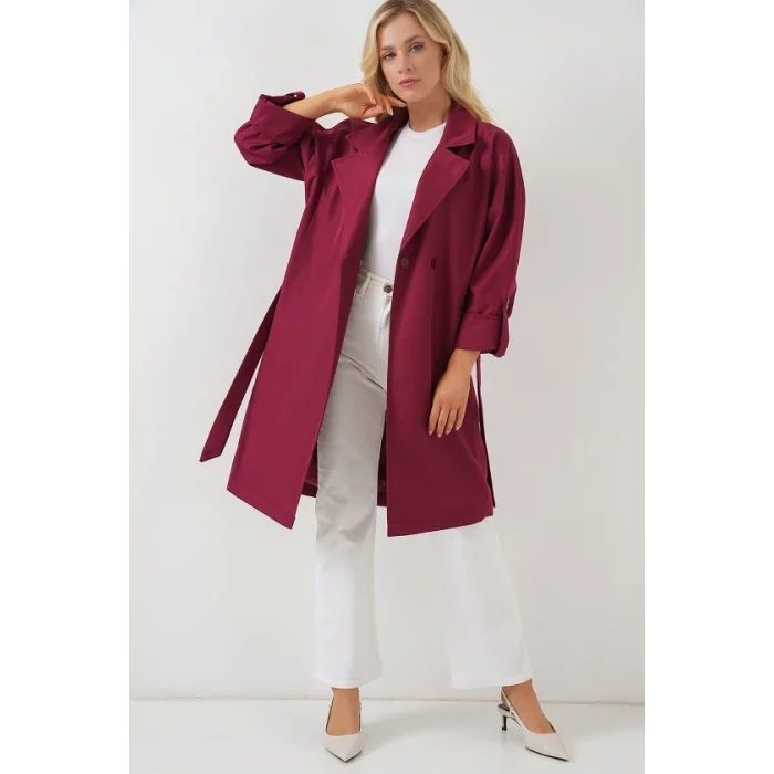 9104 Kruvaze Yaka Astarlı Trençkot - Bordo