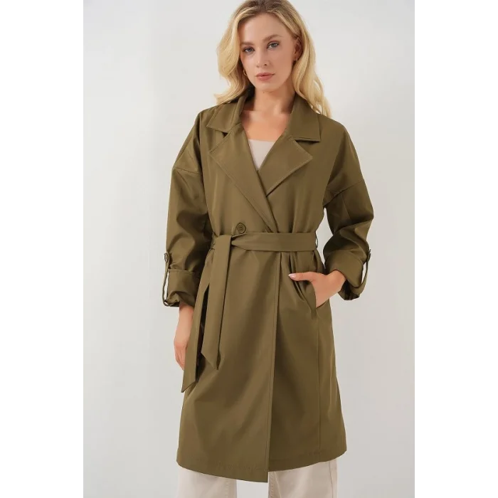 9104 Kruvaze Yaka Astarlı Trençkot - Haki