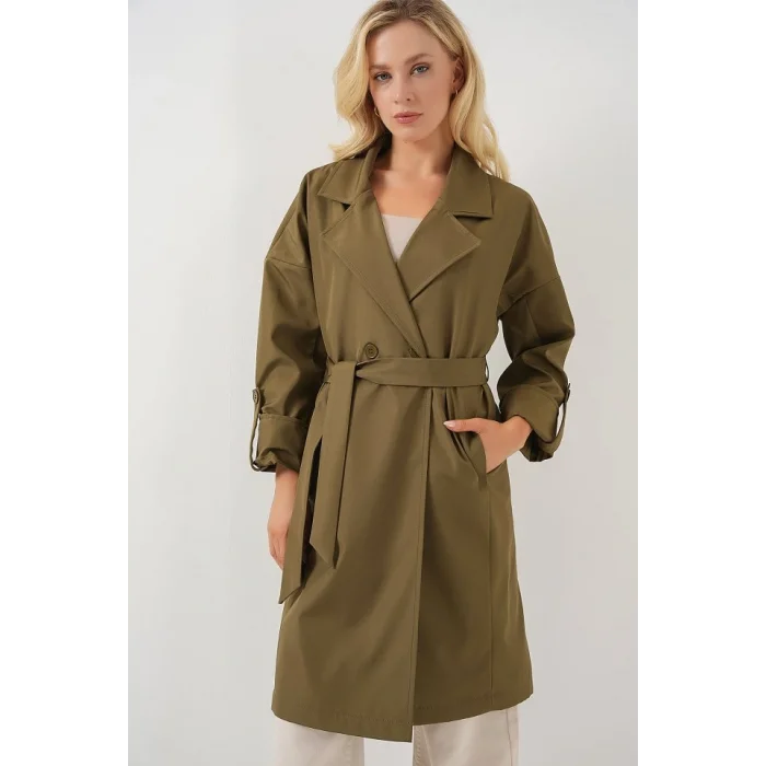 9104 Kruvaze Yaka Astarlı Trençkot - Haki