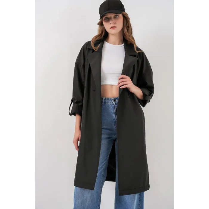 9104 Kruvaze Yaka Astarlı Trençkot - Siyah