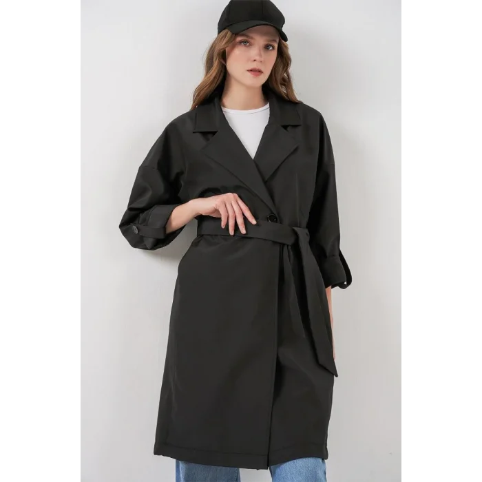 9104 Kruvaze Yaka Astarlı Trençkot - Siyah