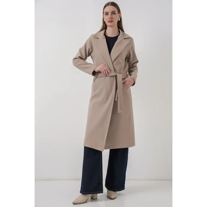 9118 Kruvaze Yaka Kaşe Kaban - A.Bej