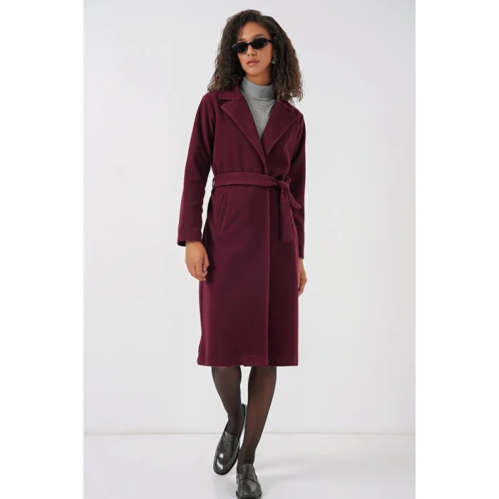 9118 Kruvaze Yaka Kaşe Kaban - Bordo