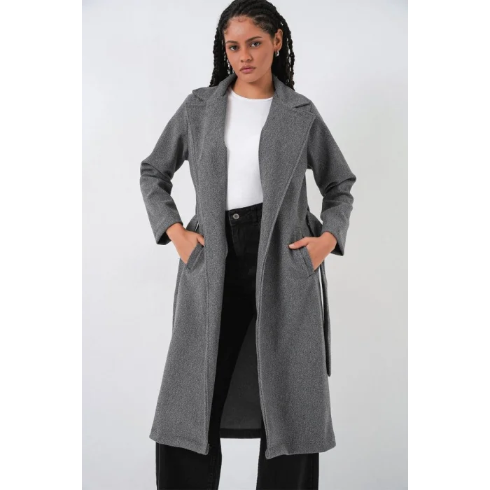 9118 Kruvaze Yaka Kaşe Kaban - Füme