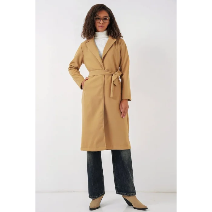 9118 Kruvaze Yaka Kaşe Kaban - Hardal