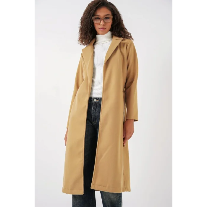 9118 Kruvaze Yaka Kaşe Kaban - Hardal