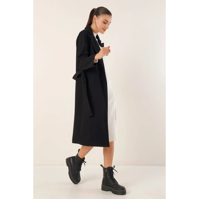 9118 Kruvaze Yaka Kaşe Kaban - Siyah