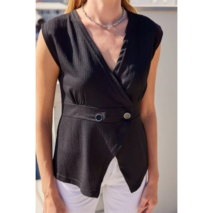 916 Düğme Detaylı Örme Yelek - Siyah