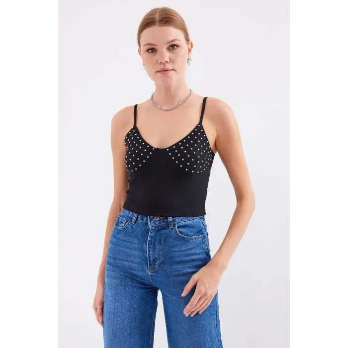 918 İp Askılı Crop Top - Siyah