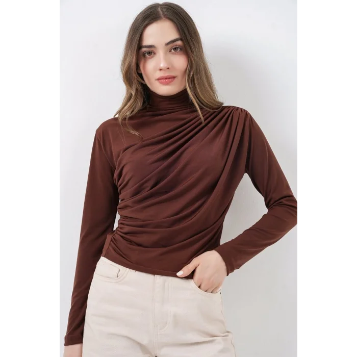925 Büzgü Detaylı Sandy Bluz - A.Kahve