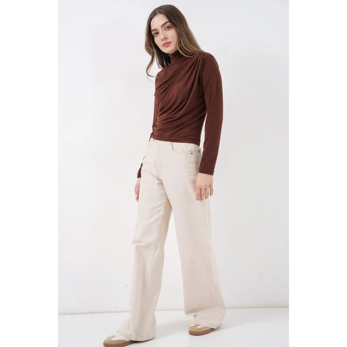 925 Büzgü Detaylı Sandy Bluz - A.Kahve