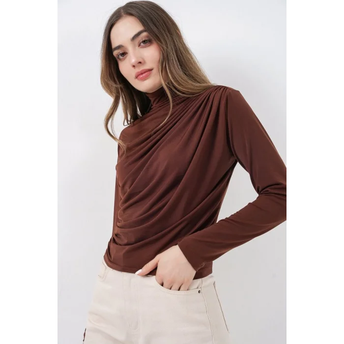 925 Büzgü Detaylı Sandy Bluz - A.Kahve
