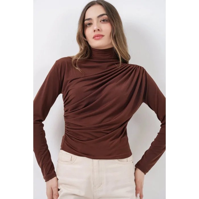 925 Büzgü Detaylı Sandy Bluz - A.Kahve
