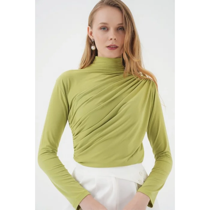 925 Büzgü Detaylı Sandy Bluz - E.Yeşil