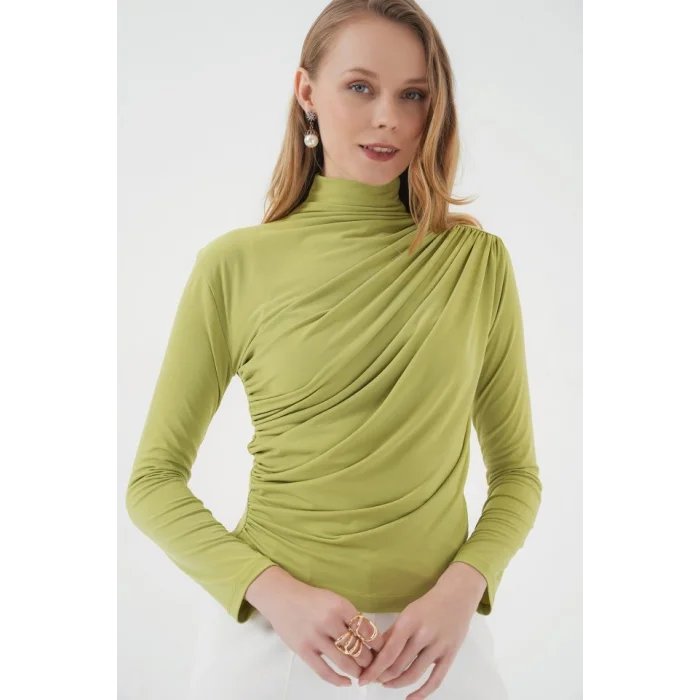 925 Büzgü Detaylı Sandy Bluz - E.Yeşil