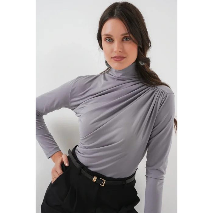 925 Büzgü Detaylı Sandy Bluz - Gri