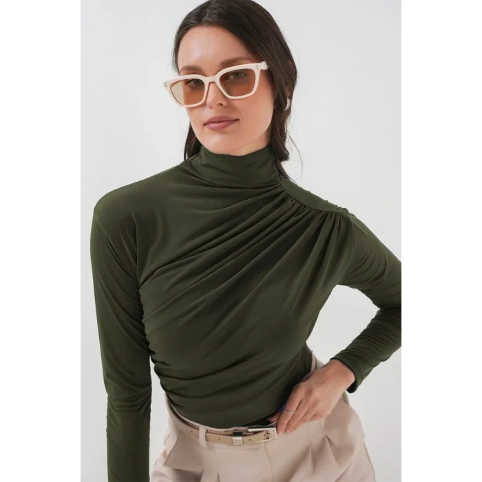 925 Büzgü Detaylı Sandy Bluz - Haki