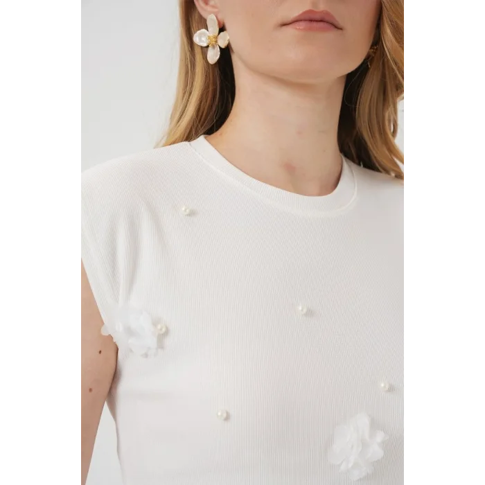 929 Kısa Kol Örme Bluz - Beyaz