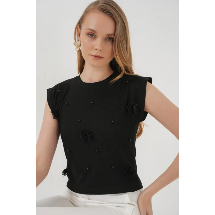 929 Kısa Kol Örme Bluz - Siyah