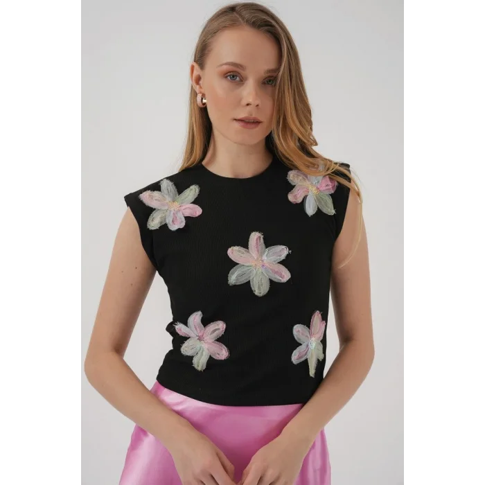 930 Kısa Kol Desenli Crop Bluz - Siyah