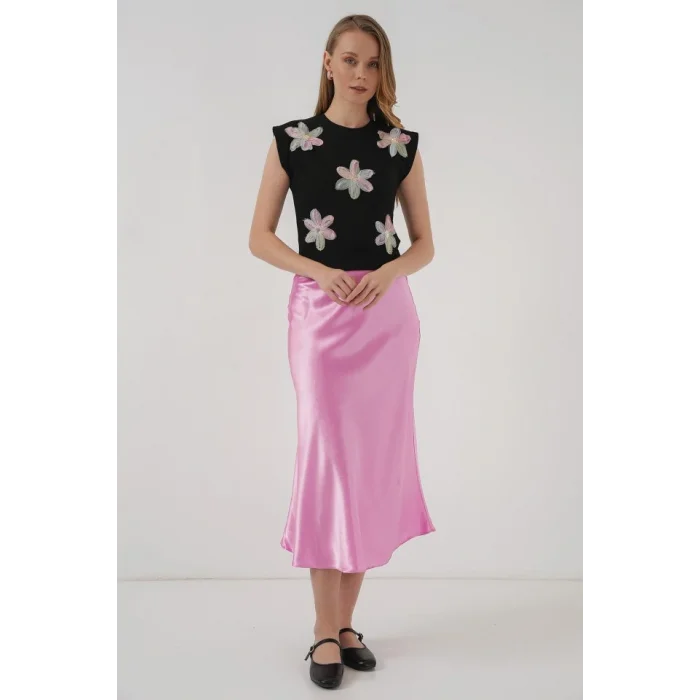 930 Kısa Kol Desenli Crop Bluz - Siyah