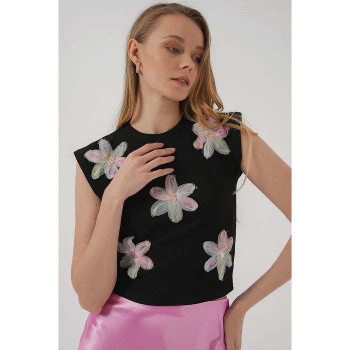 930 Kısa Kol Desenli Crop Bluz - Siyah