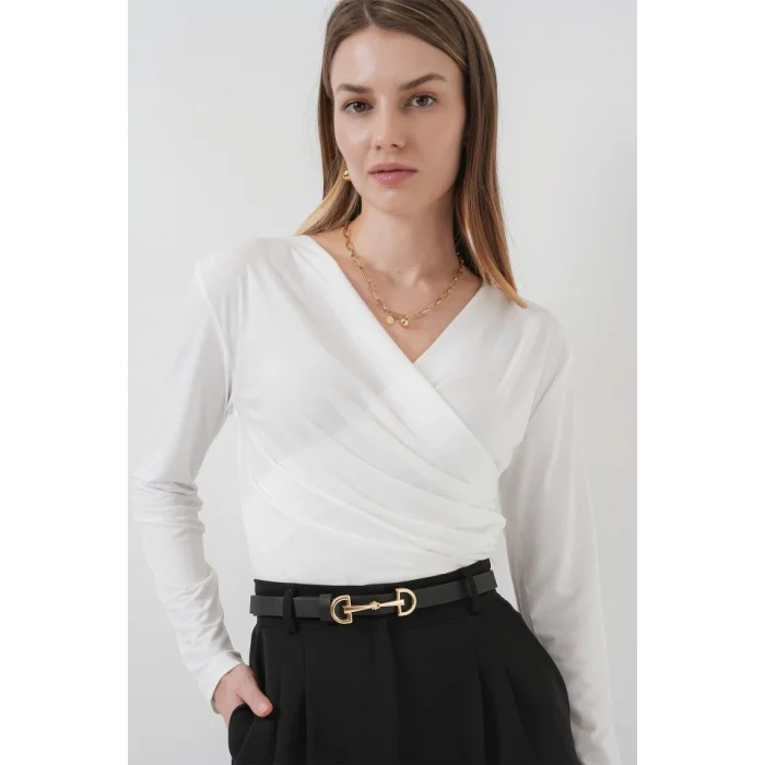 939 Anvelop Yaka Sandy Bluz - Beyaz