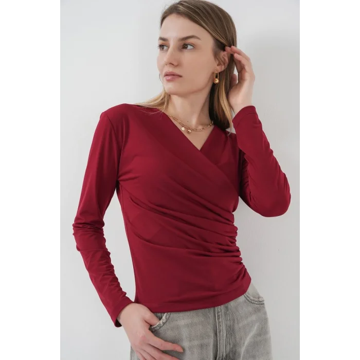 939 Anvelop Yaka Sandy Bluz - Bordo