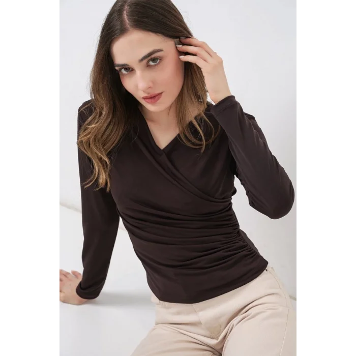 939 Anvelop Yaka Sandy Bluz - Kahverengi