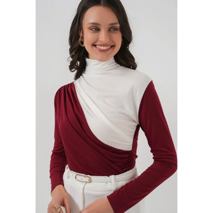 940 Büzgü Detaylı Sandy Bluz - Bordo