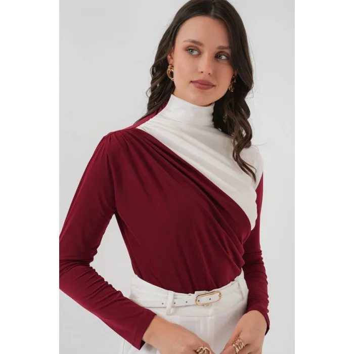 940 Büzgü Detaylı Sandy Bluz - Bordo