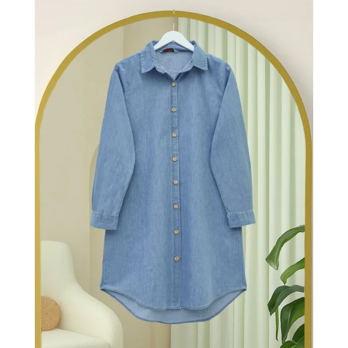 Ahşap Düğmeli Uzun Kot Tunik  -Açık Mavi
