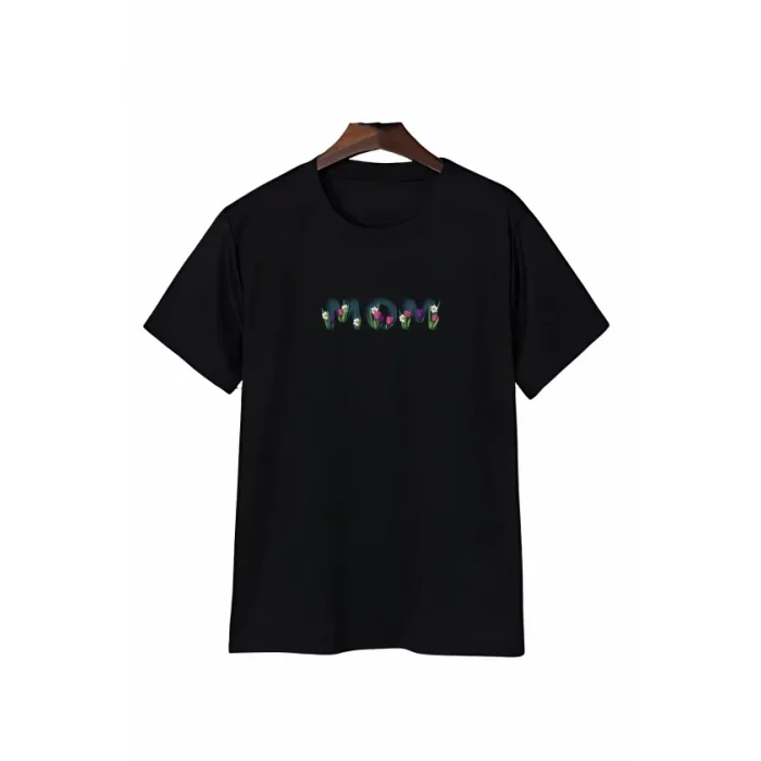 Anneler Günü Mom Çiçek Temalı Baskılı Oversize Bisiklet Yaka T-shirt - Siyah