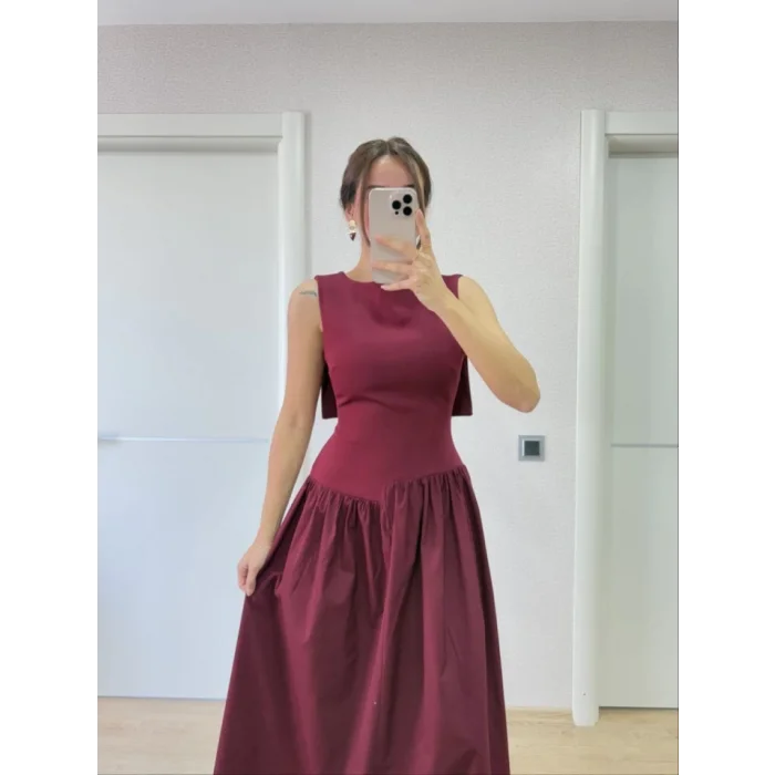 Arkası Kanatlı Uzun Elbise- Bordo