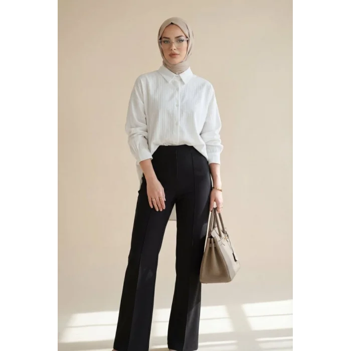 Arkası Uzun Çizgi Desenli Düğmeli Salaş Gömlek -Ekru