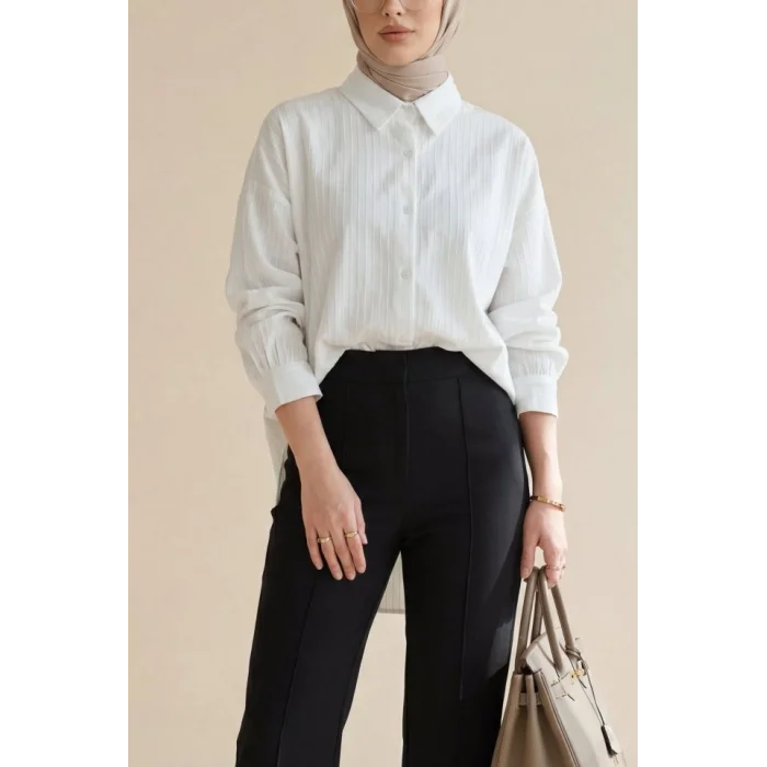Arkası Uzun Çizgi Desenli Düğmeli Salaş Gömlek -Ekru