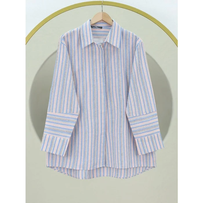 Arkası Uzun Kabartma Çizgili Oversize Gömlek -Mavi