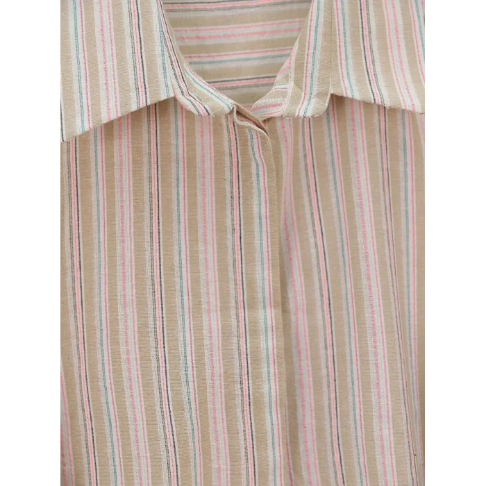 Arkası Uzun Kabartma Çizgili Oversize Gömlek -Vizon