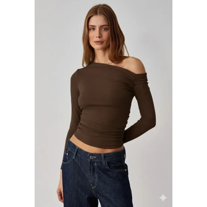 Asimetrik yaka bluz kahve pt