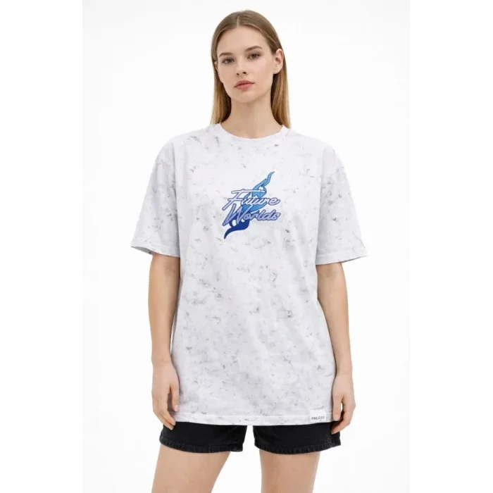 Asit Yıkamalı Oversize Tişört Future Worlds Baskılı Bisiklet Yaka Kısa Kollu Streetwear %100 Pamuk Street Style T-Shirt - Beyaz