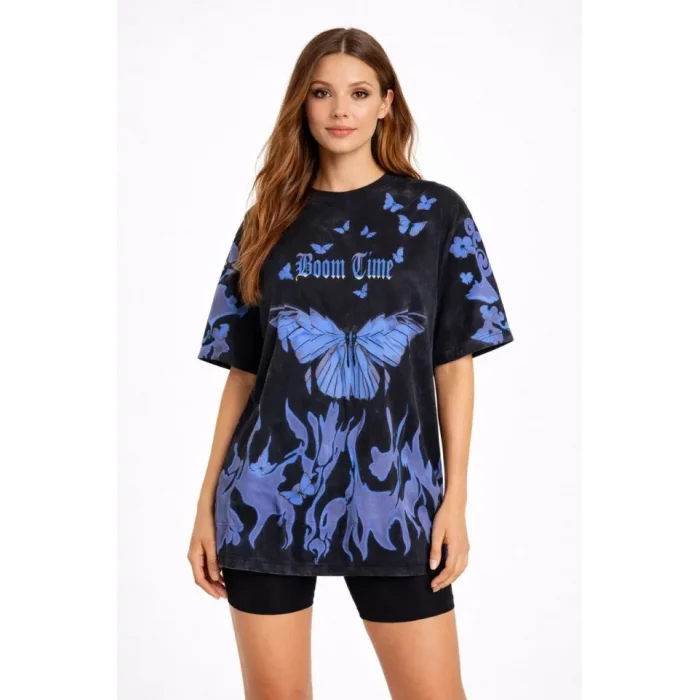 Asit Yıkamalı Oversize Tişört Mavi Kelebek Baskılı Dijital Print Bisiklet Yaka Streetwear T-Shirt - Siyah