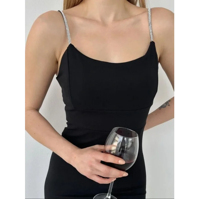 Askı Taş Detaylı Yırtmaçlı Mini Elbise  -Siyah