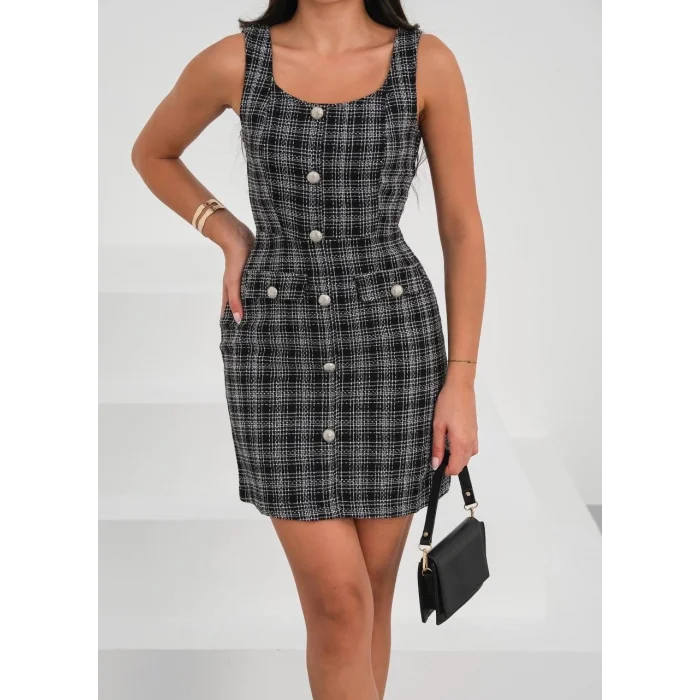 Askılı ch kumaş düğmeli elbise siyahbeyaz h265007