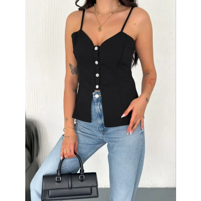 Askılı Dekolte Deraylı Bluz Crop - Siyah