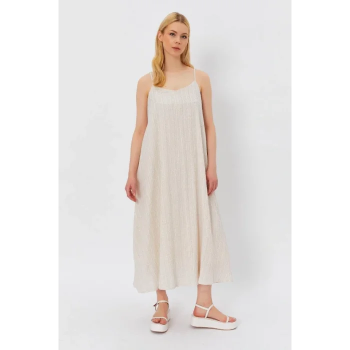 Askılı Uzun Çan Elbise - Natür