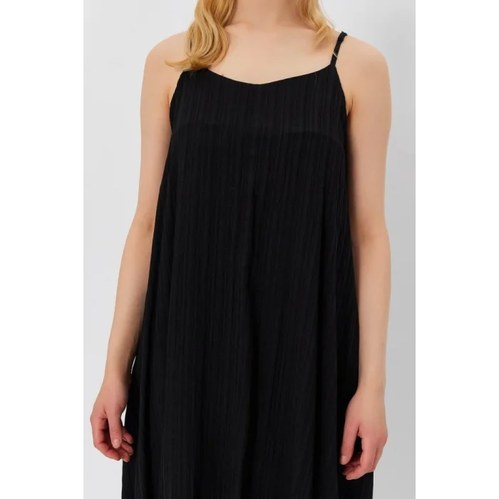 Askılı Uzun Çan Elbise - Siyah
