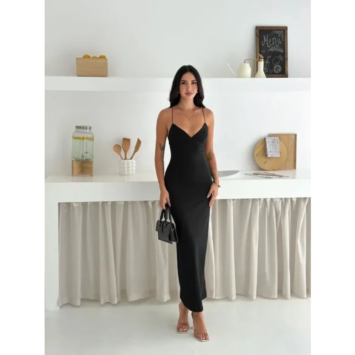 Askılı Uzun Elbise V Yaka Şık Gece Elbisesi Vücuda Oturan - Siyah