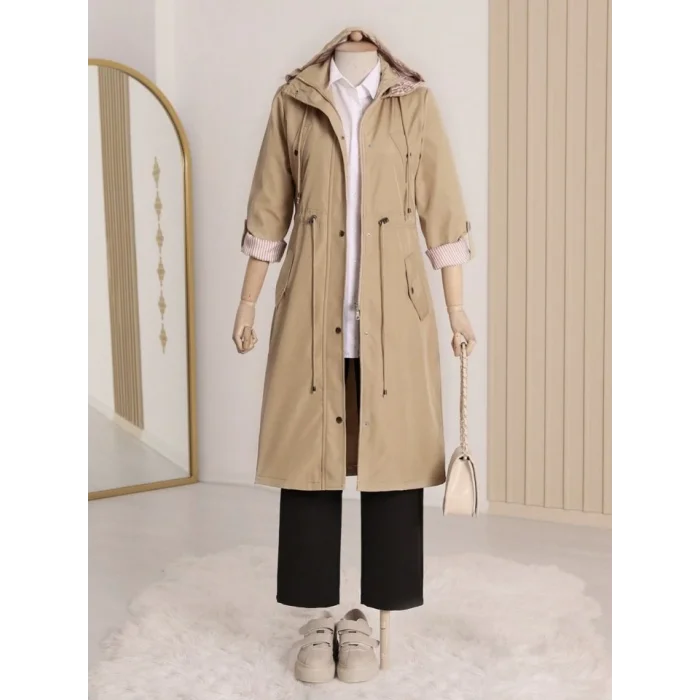 Astarı Çizgili Trençkot       -Açık Vizon